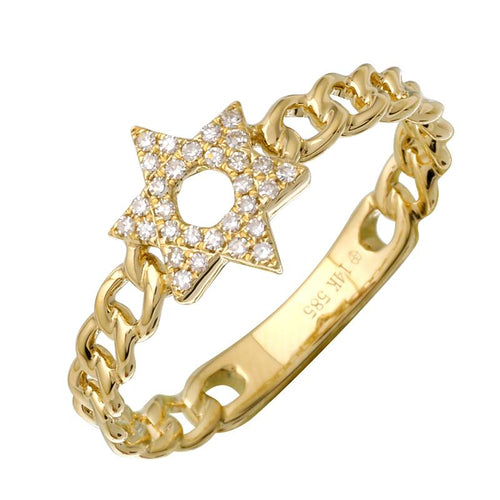 14k Yellow Gold Star of David Diamond Link Ring