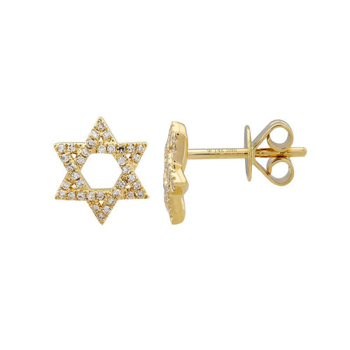 14k Yellow Gold Star of David Diamond Stud Earrings