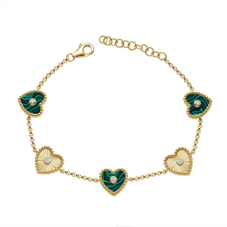 Malachite and Diamond Fluted Heart Chain Bracelet (1.7ct)