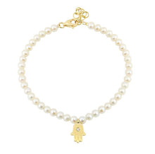 Load image into Gallery viewer, Pearl And 14KT Gold Hamsa Bracelet With Petite Set Diamond