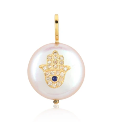 Pearl Charm with Diamond and Sapphire Hamsa